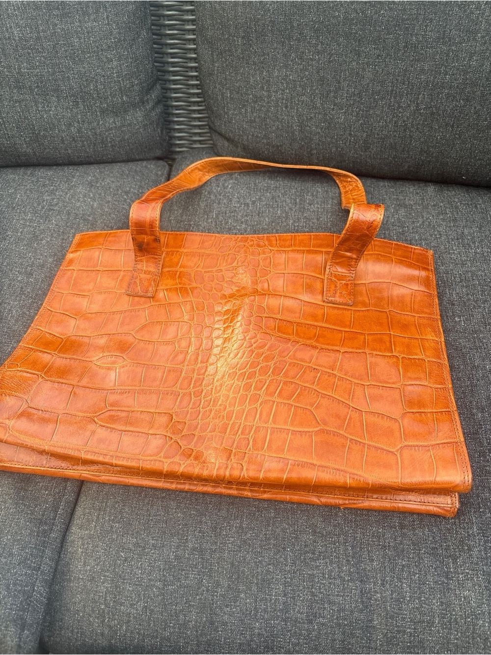 Women's Vintage Nordstrom Croc-Embossed Leather Tote Bag in Cognac